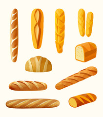Cute set of cartoon icons of bread, baguette. Design for bakery menu, recipe book, bakery. French baguette, bread, whole grain bread isolated on white background. Vector illustration