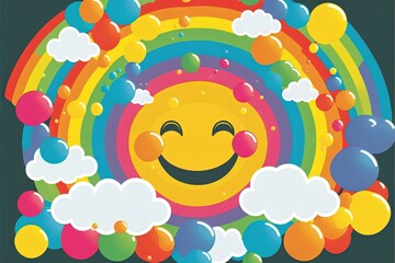 Obraz na płótnie Canvas a rainbow with a smiley face surrounded by clouds and rainbows in the sky with a smiley face in the middle of the rainbow and clouds. generative ai