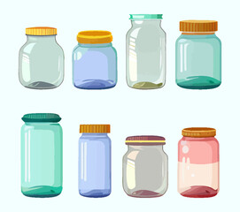 Empty glass jar set. Jars of various shapes with colored lids isolated on a white background. Vector mockup of empty transparent bottles with a cap for jam, canning and food preservation. Vector