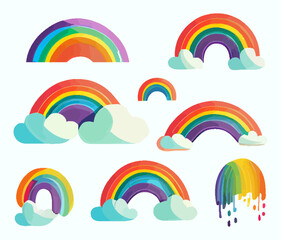 Cute cartoon set of colorful rainbows. Collection of cartoon flat vector illustrations. Flat design style. Ideal for posters, prints, postcards, fabric. Vector illustration of rainbows and clouds