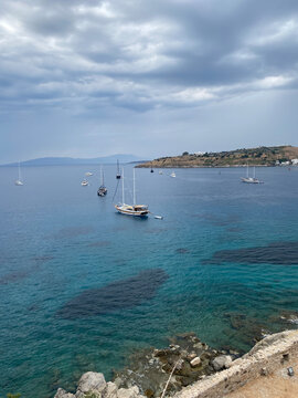beautiful view from Turkey Muğla G&uuml;mbet Bodrum castle with panoramic azure boats