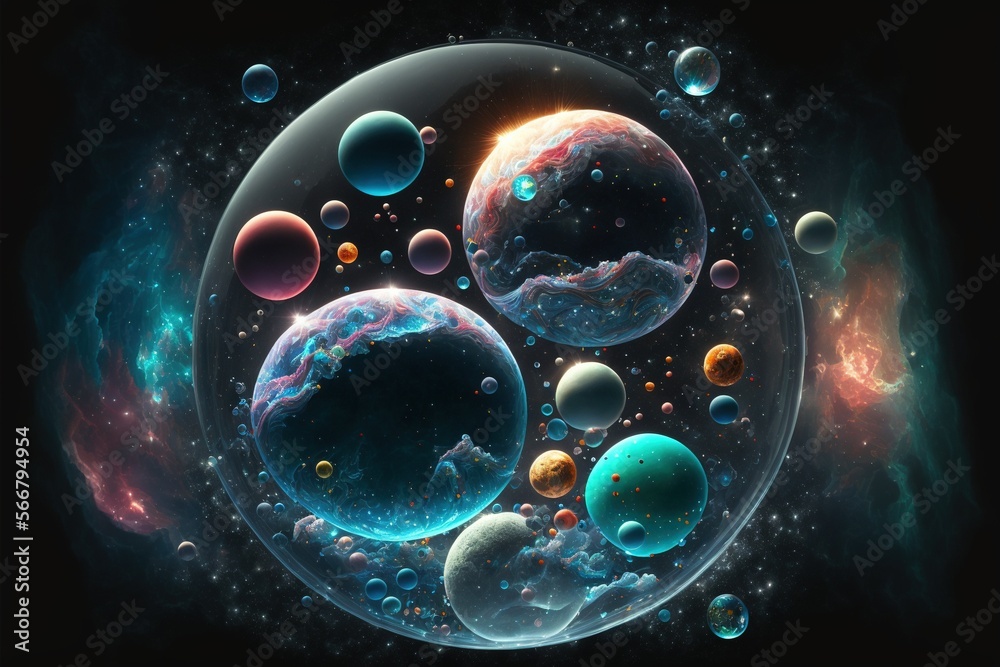 Wall mural a bunch of bubbles floating in a space filled with stars and a lot of bubbles on the bottom of the b