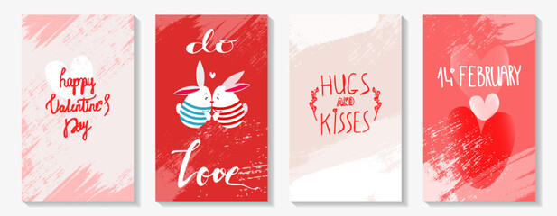 Set of Valentine's Day cards with kissing cute bunnies and phrases about love in doodle style in shades of red. Vector illustration.