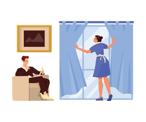 Woman Hotel Maid at Window and Man Customer Sitting in Chair Reading Newspaper Vector Illustration