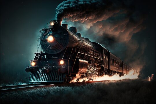  a steam engine train traveling down train tracks in the dark night time with smoke pouring out of it's stacks and steam pouring out of it's stacks.  generative ai
