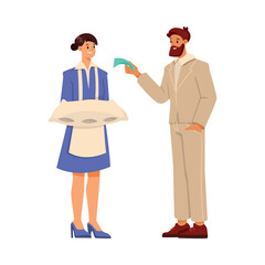 Woman Hotel Maid with Pillow and Man Client Giving Her Tip Vector Illustration
