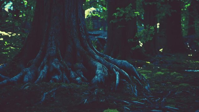 root covered with moss in a dark forest