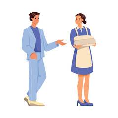 Woman Hotel Maid with Folded Bedsheet Talking to Client Vector Illustration