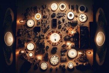  a large clock surrounded by many different types of clocks on a wall in a dark room with lights on the sides of the clock faces.  generative ai
