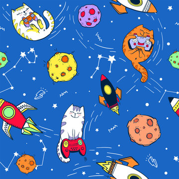 Abstract seamless cartoon pattern of universe, gamer cat with gamepads, planets, probe. Space. repeat print and kittens. Cosmic endless ornament