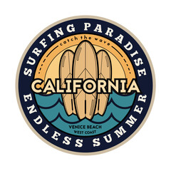 Surfing theme logo in retro style. Vector illustration.