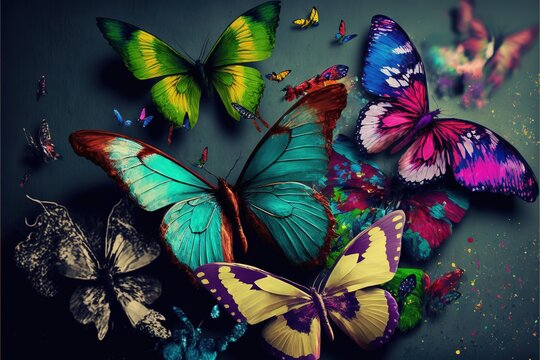  a group of colorful butterflies on a black background with a blue background and a black background with white and yellow butterflies on the bottom of the image.  generative ai