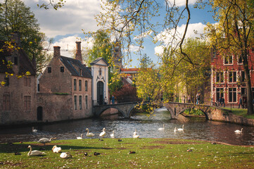 Naklejka premium Houses along the canals of Brugge or Bruges, Belgium