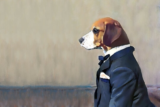 begle dog man businessman coach in suit isolated on solid background in style of an old classic realistic painting - new quality creative financial business educational stock image design