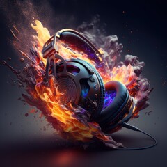 headphone exploding, music explosion, colored smoke, AI generated