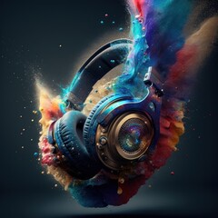 Obraz na płótnie Canvas headphone exploding, music explosion, colored smoke, AI generated