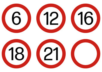 Geburtstagsschilder mit den Zahlen 6, 12, 16, 18, 21 und einer leeren Fl&auml;che