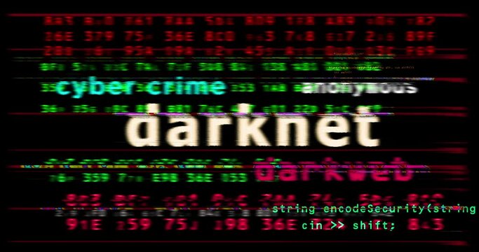 Darknet media and abstract screen 3d seamless looped. Fly between glitch and noise text concept of darkweb and cyber crime and illegal network.
