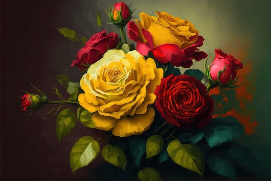  a painting of a bouquet of roses on a black background with green leaves and red and yellow flowers in the center of the bouquet,.  generative ai
