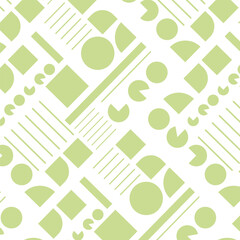 Geometric seamless pattern of shapes-circles, squares and lines. Abstract vector background of light green color for fabric, paper