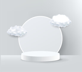 Realistic Pedestal Podium With Grey Background And Clouds