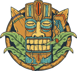 Tiki mask with surfs and tropical leavs for surfing. Exotic hawaii mask and surfboards for summer tiki bar or tropic beach © Casoalfonso