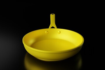 Yellow frying pan on a dark background. The concept of frying, cooking. Buying equipment for the kitchen, dishes. 3d render.