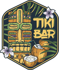 Tiki bar with tiki mask, surfs and tropical leavs. Exotic hawaiian mask and surfboards for summer surfing prints or tropic beach