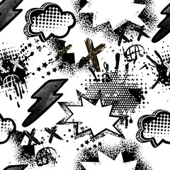 Abstract seamless pattern. Comics  Background with shape, dots, grunge Clouds, stars, lightning sketch hand drawing elements. creative funny teenagers design. Boys and girls wallpaper. © Kseniia Koval