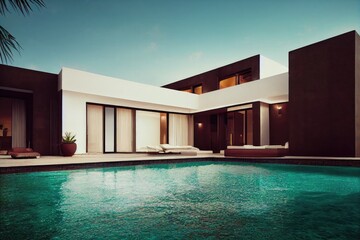 Fototapeta premium Luxury pool villa spectacular contemporary design digital art real estate , home, house and property, Generative AI illustration.