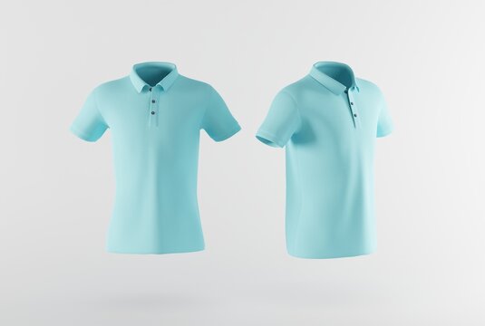 Blue Polo Shirt On An Isolated Background. The Concept Of Selling Clothes, A Polo Shirt Without Prints To Complete The Content. 3D Render, 3D Illustration.