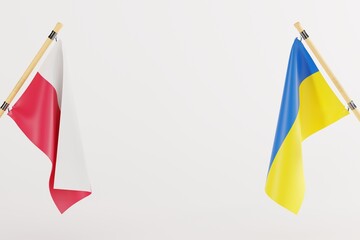 The flag of Ukraine and Poland facing each other. The concept of community and friendship between Poland and Ukraine. Polish support during the war. 3D render, 3D illustration.