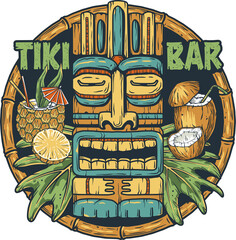 Tiki bar of hawaii with tiki mask, pineapple and coconut cocktail and tropical leaves for summer surfing print or tropic exotic beach © Casoalfonso