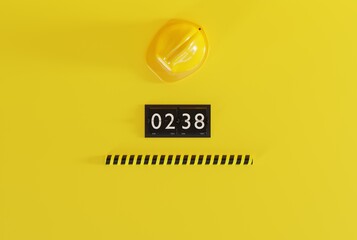 Builder's helmet and countdown clock. Concept of works and passing time, countdown to completion of construction. 3D render, 3D illustration.