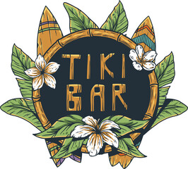 Tiki bar with surfs and tropical leavs, flowers. Exotic hawaii, surfboards for summer surfing prints or tropic beach © Casoalfonso