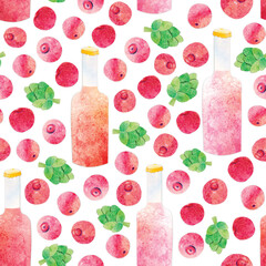 Hand-drawn watercolor papercut cranberry cowberry fruit craft beer seamless pattern. Berries, bottle and hop cones on cute kawaii kidcore style background. Good for cards, wallpaper or textile