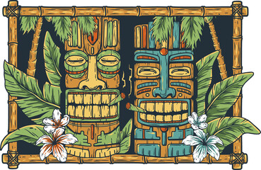 Tiki masks with tropical leaves of palm and exotic flowers. Tiki background for summer hawaii surfing or beach bar © Casoalfonso