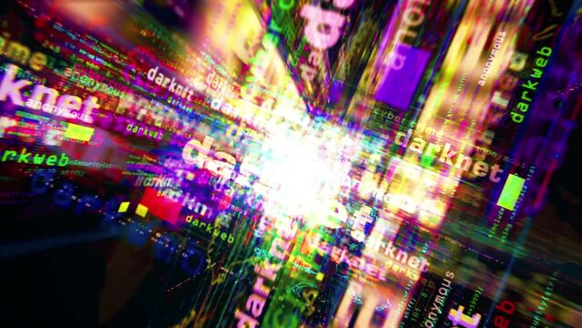 Darknet media and abstract screen 3d seamless looped. Fly between glitch and noise text concept of darkweb and cyber crime and illegal network.