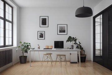 mock up poster frame in boho interior background, wooden living room design, Scandinavian style. Generative AI illustration