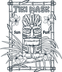 Tiki mask with tropical frame and leaves. Exotic background for summer hawaii surfing or beach tiki bar © Casoalfonso