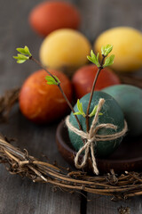 Easter eggs coloured with natural organic colorants: red cabbage, curcuma, onion peel. Handmade home decor, natural elements, eco-friendly, zero waste. Dark wooden background