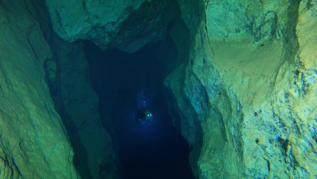 Cave Diver. R&aacute;k&oacute;czi Cave Aggtelek National Park in Hungary