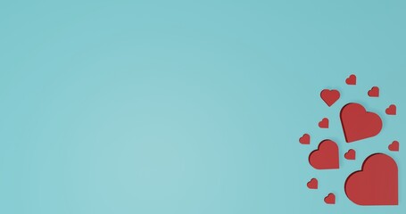 Valentine day banner. Red hearts on blue background top view. Flat lay.