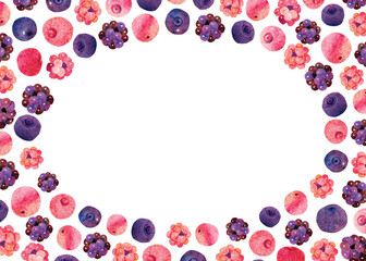 Watercolor raspberry cranberry blueberry blackberry frame border. A4 A5 international size with illustration with free copy space for text. Kidcore cute vintage papercut background