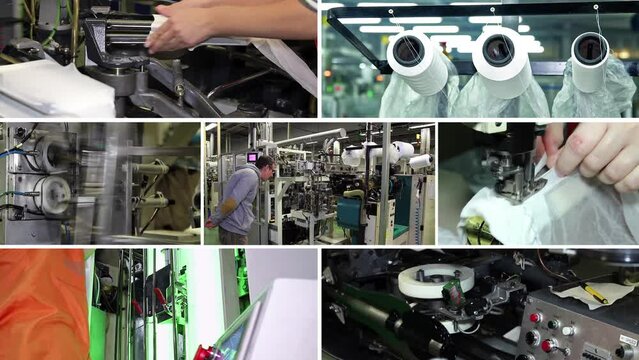 Hosiery Manufacturing - Multi Screen Video. Production Manager Overseeing Manufacturing Machines. Automated Production in Garment Factory.  Women's Hosiery and Pantyhose Manufacturing. 