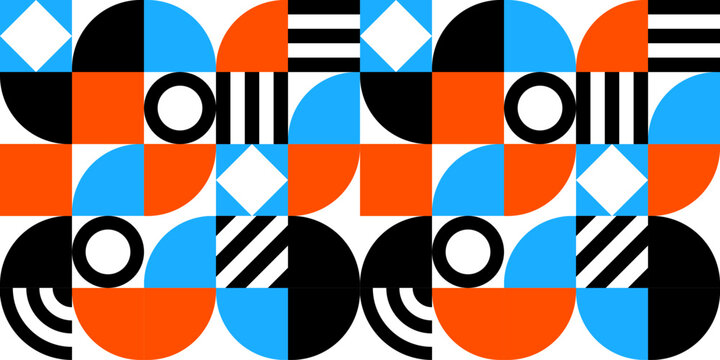 Modern geometric shape mosaic illustration. Trendy retro style seamless pattern, colorful circle shapes, creative geometry concept design.