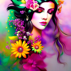 Illustration of a woman with flowers in her hair pink and purple color, full dynamic color, close-up character, with colorful face icon, punk woman. Generative AI