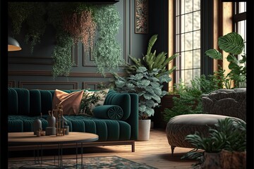 Green sofa and many green flowers. Design living room in victorian style. Generative AI illustration - obrazy, fototapety, plakaty