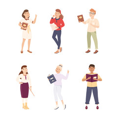 Man and Woman School Teacher or Educator with Book and Pointer Vector Set