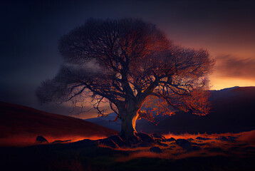 Obraz na płótnie Canvas Sunset landscape with tree created with AI